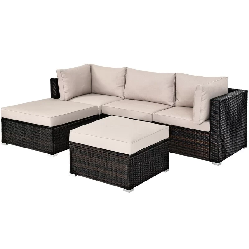 Averyon 5 Pieces Outdoor Patio Rattan Sectional Conversation Set with Cushions