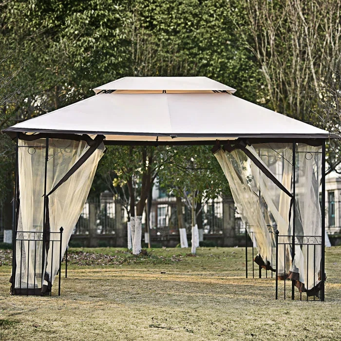 13 Ft. W X 9.7 Ft. D Iron Double Roof Soft Canopy Garden Backyard Gazebo With Mosquito Netting Suitable