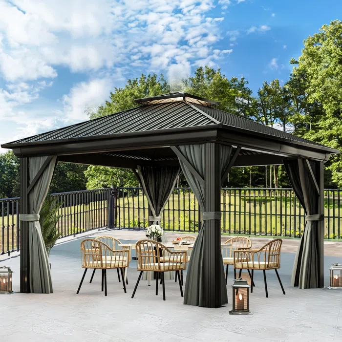 12 ft x 12 ft Outdoor Aluminum Hardtop Patio Gazebo with Curtain and Netting