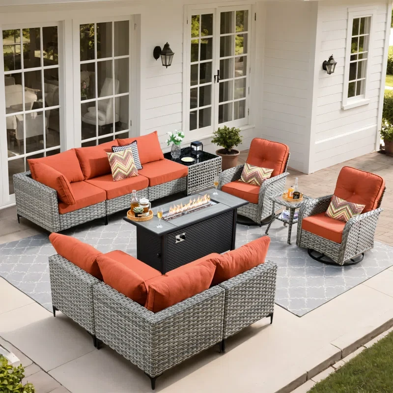 10 Piece Patio Furniture With Fire Pit Table, Outdoor Rattan Wicker Conversation Set With Glowing Coffee Table, Comfy Sectional Sofa Set With Swivel Rocking Chairs For Porch Balcony Backyard Pool