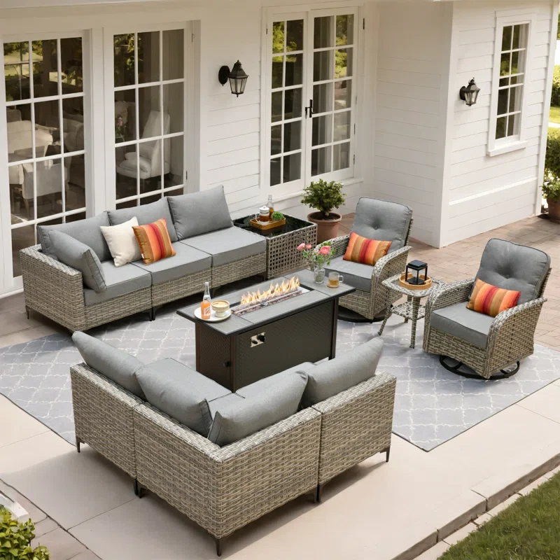 10 Piece Patio Furniture With Fire Pit Table, Outdoor Rattan Wicker Conversation Set With Glowing Coffee Table, Comfy Sectional Sofa Set With Swivel Rocking Chairs For Porch Balcony Backyard Pool