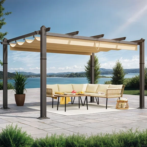 10ftx13ft Outdoor Pergola with Retractable Canopy Shelter