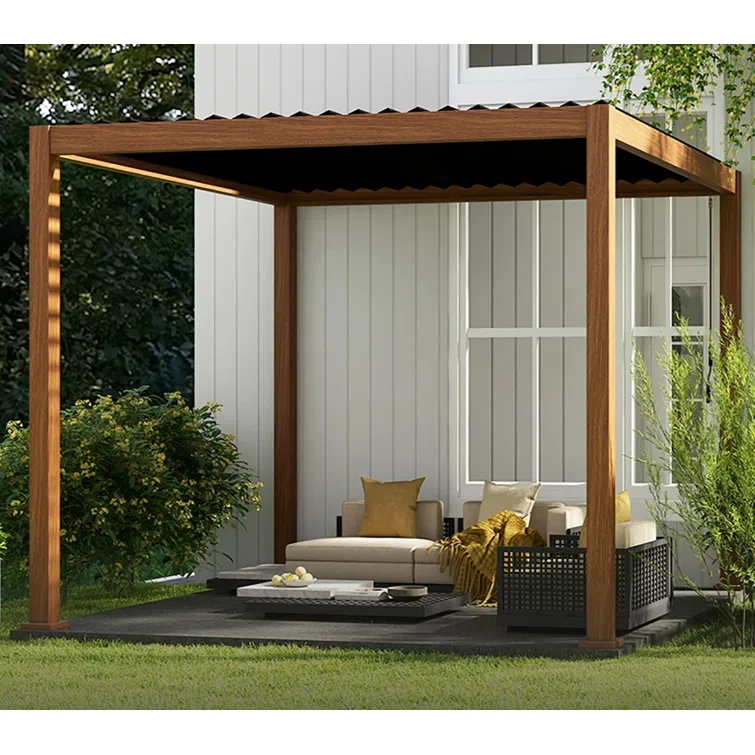 10 ft. W x 10 ft. D 111S Takasho Wood Grain Aluminum Pergola with Adjustable Rainproof Louver