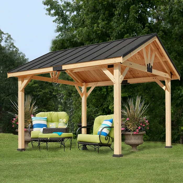 Large Shelf , Solid Wood Gazebo with Waterproof Asphalt Roof, Outdoor Permanent Hardtop Gazebo Canopy