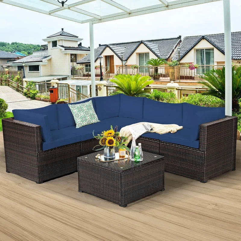 Patiojoy 6 Pcs Patio Rattan Furniture Set Outdoor Wicker Conversation Sofa Set W/tempered Glass Coffee Table Navy