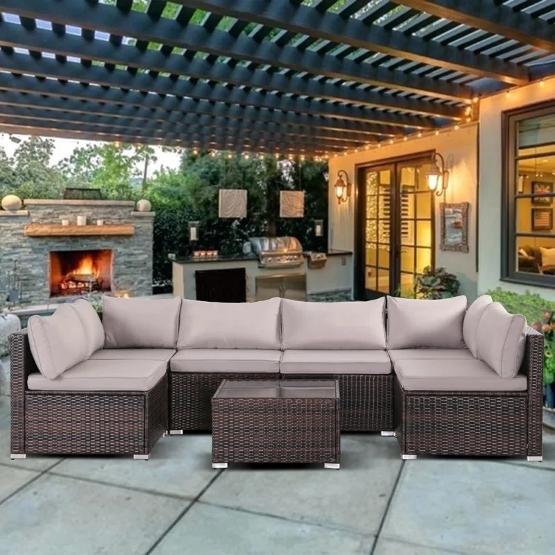 Floinn 7 Pieces Patio Outdoor Modular Sectional Couch Furniture Wicker Rattan Conversation Sofa Sets with Coffee Table