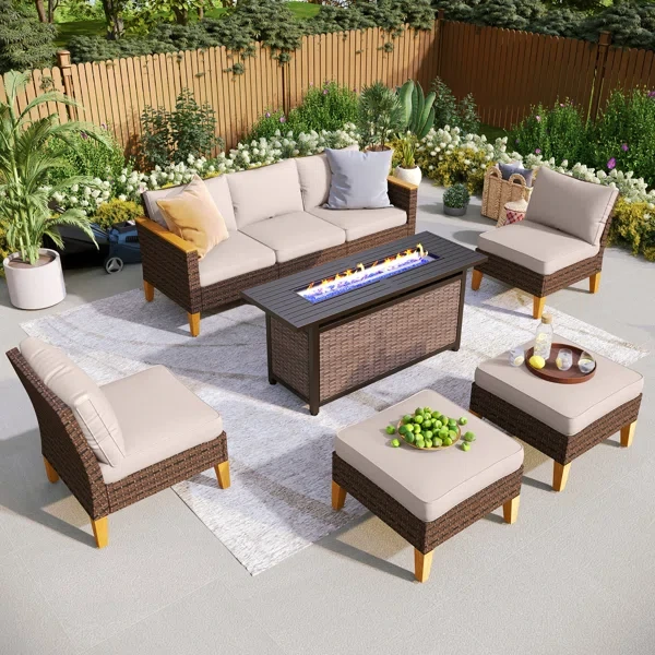 Argyri 7-Piece Wicker Outdoor Patio Furniture Set, Sectional Patio Set with Fire Pit Table