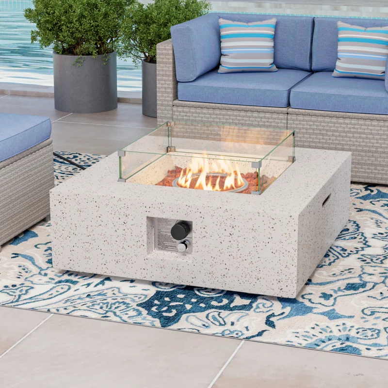 Lisdale 35" W Concrete Propane Outdoor Fire Pit Table with Lid