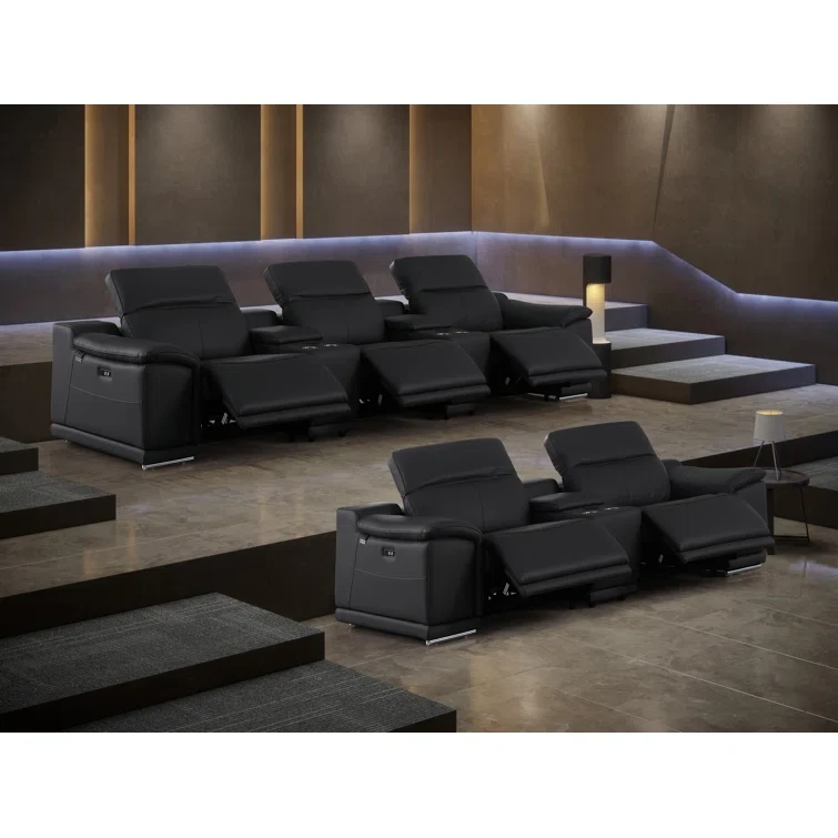 Lily 8 Piece 5 Power Top Grain Italian Leather Home Theater Seating