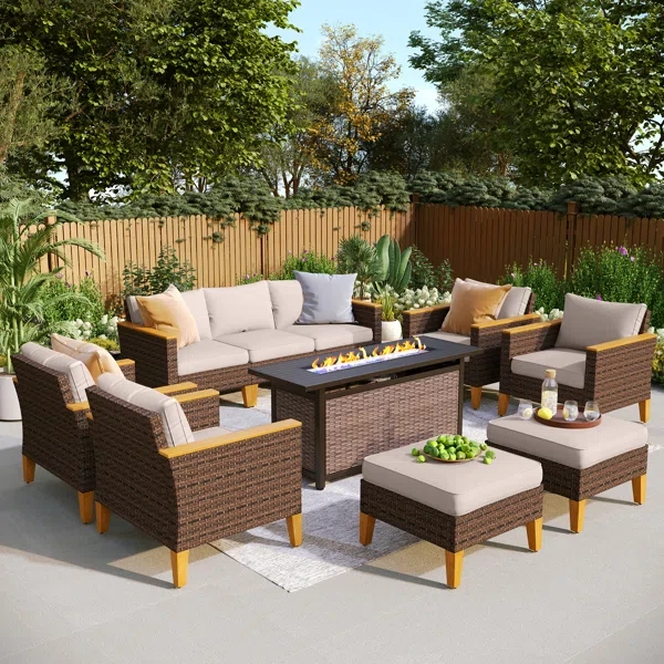 Argyri Wicker Outdoor Patio Conversation Furniture Sectional Set With Firepit