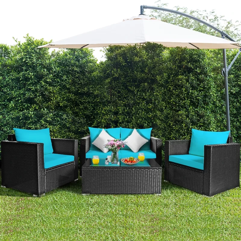 8pcs Rattan Patio Conversation Set Outdoor Furniture Set W/ Turquoise Cushions