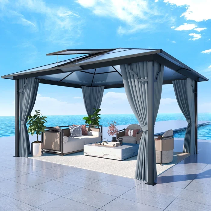 Outdoor Polycarbonate Hardtop Gazebo - Aluminum Frame with Breathable Nettings & Private Curtains