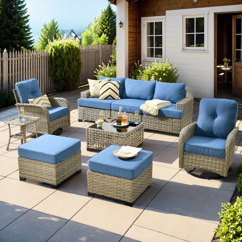 Tommy Outdoor Wicker 5 Person Seating Group With Cushions And Ottomans