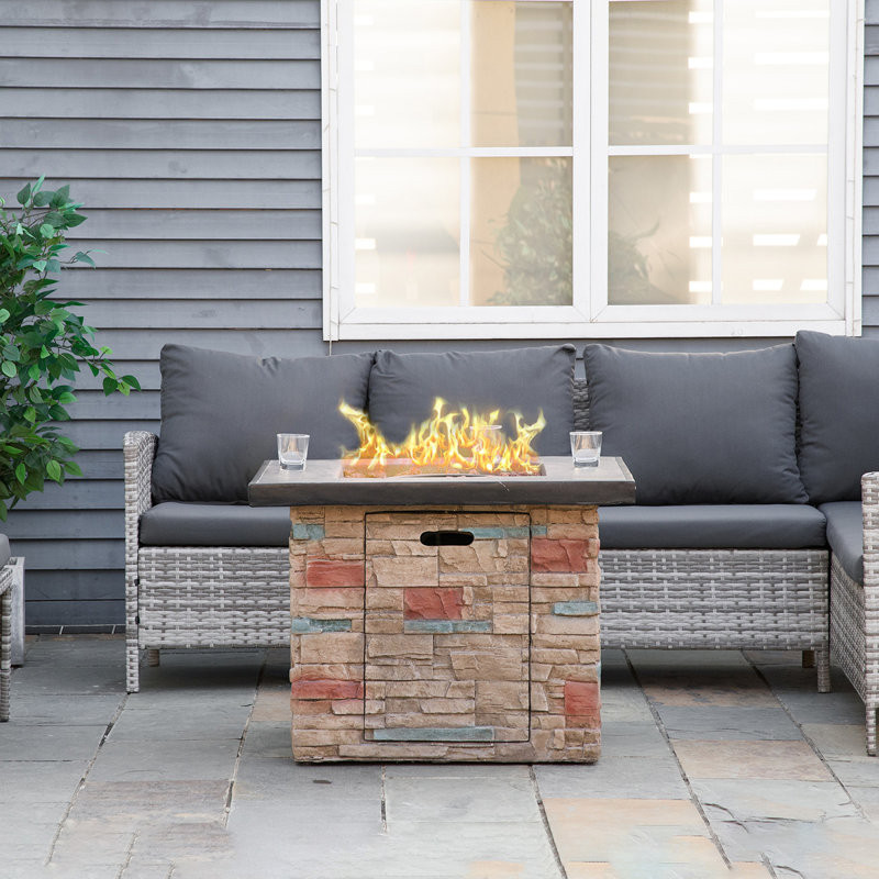 32 Inch Outdoor Propane Gas Fire Pit Table, 50,000 BTU Auto-Ignition Square Faux Ledge Stone Gas Firepit