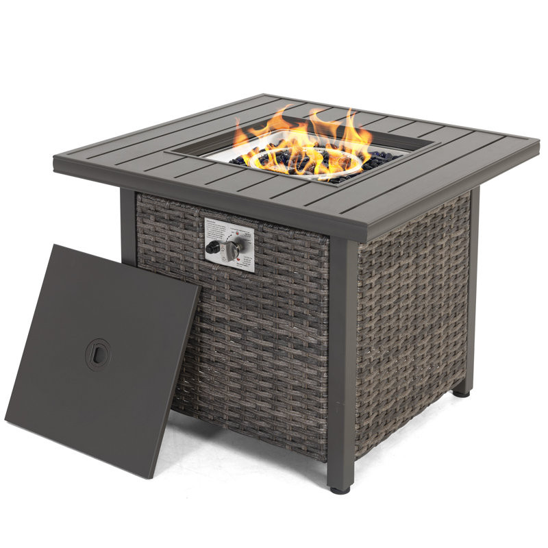 Garve Outdoor 30" Square Rattan Fire Pit Table With Aluminum Tabletop And Lid