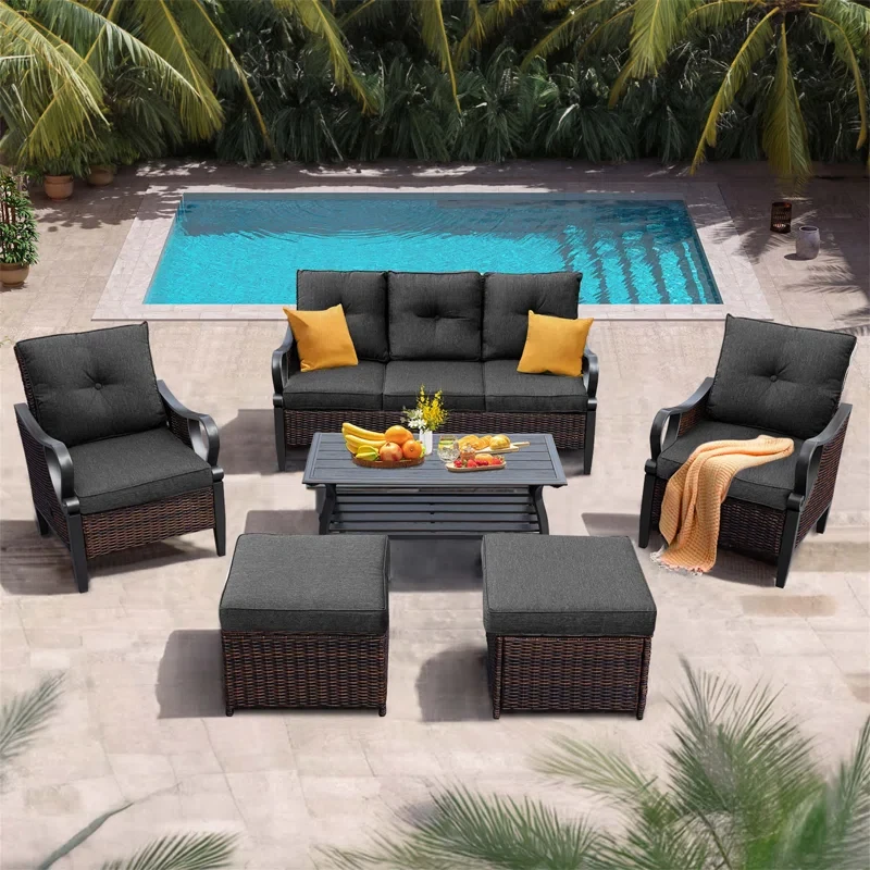 6 Pcs Outdoor Sectional Sofa With Reclining Backrest, Ottomans