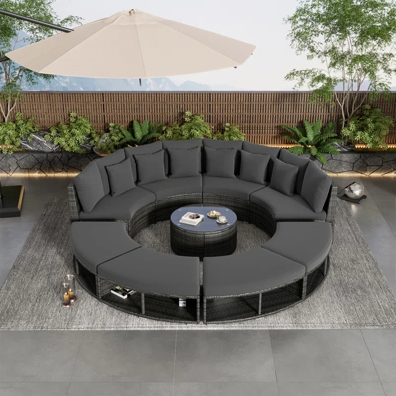 9-piece Luxury Circular Outdoor Patio Furniture Set, Rattan Wicker Sectional Sofa Lounge With Tempered Glass Coffee Table And 6 Pillows