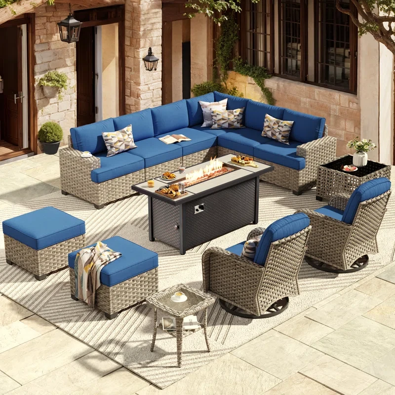 13 Piece Patio Sectional Furniture With Swivel Rocking Chairs, Rattan Wicker Coversation Set With Glowing Coffee Table, Outdoor Sofa Set With Fire Pit For Outside Porch Balcony Backyard Pool