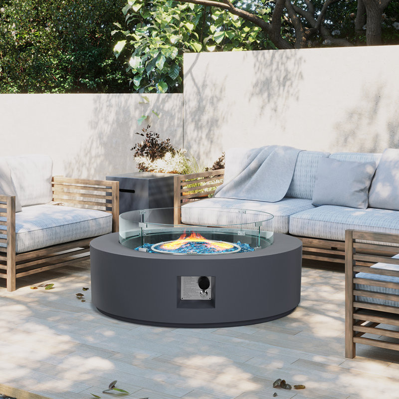 Drumraymond 42-Inch Round Iron Propane Outdoor Fire Pit Table with Tank Cover, Lid, Rain Cover and Glass Cover