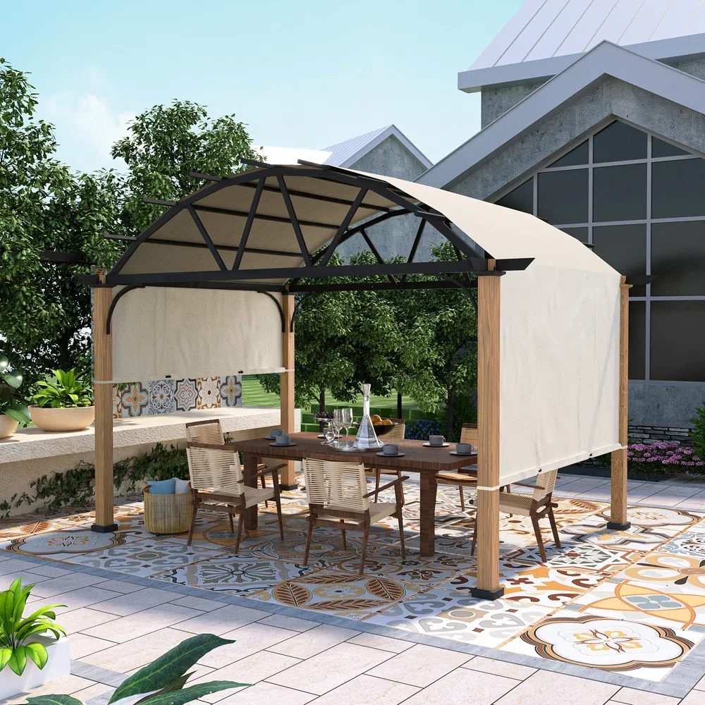 13 Ft. W x 10 Ft. D Wood Grain Aluminum Outdoor Pergola with Arched Canopy