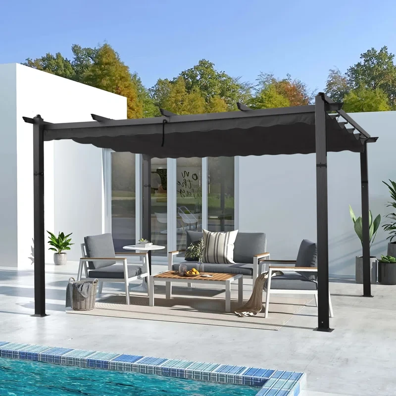 Outdoor Patio Retractable Sunshelter 13 Ft. W x 10 Ft. D Aluminum Pergola Canopy