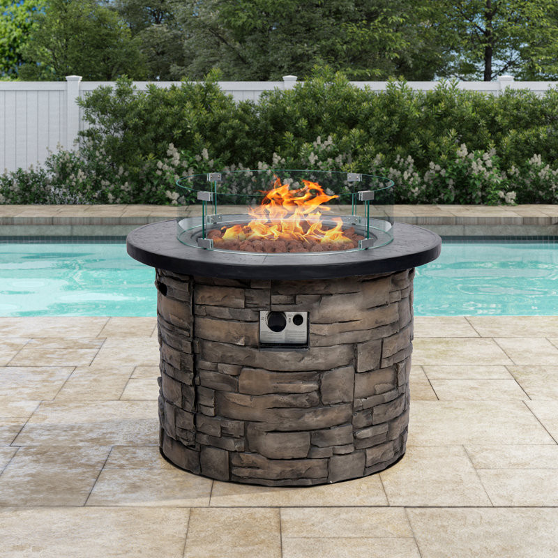 Imajean 25" H x 35" W Propane Outdoor Fire Pit Table with Glass Guard and Lava Rocks