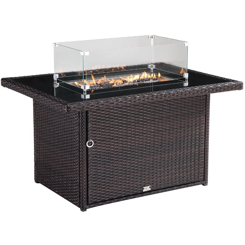 44 In. X 32 In. Rectangular Outdoor Brown Wicker Aluminum Propane Fire Pit Table In Tempered Glass W/fire Glass