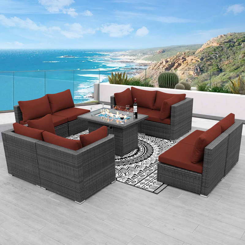 Patio Furniture Conversation Sofa Set with Firepit Table and Cushions