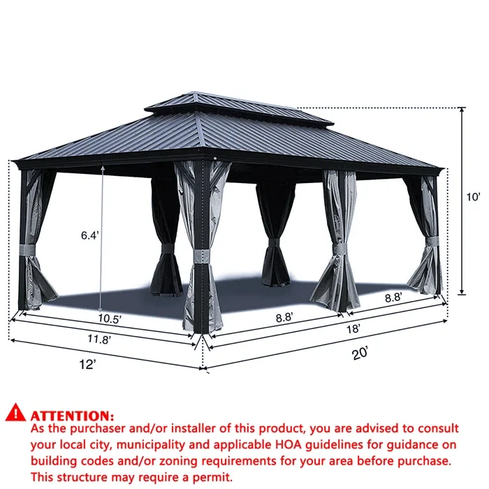 Kozyard 16 (ft) x 12 (ft) Alexander Gray Hardtop Gazebo with Privacy Curtain and Mosquito Netting