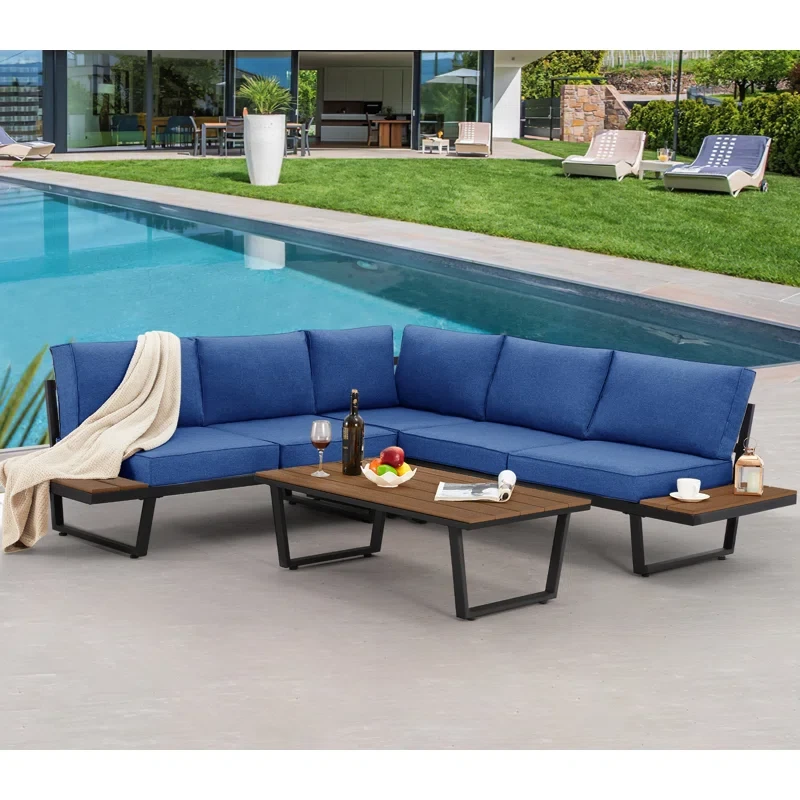 4-piece Outdoor Conversation Set With Polywood Slat-top Coffee Table, All-weather L-shaped Metal Patio Sectional Sofa Set With Gray Cushion And Built-in Side Table For Deck, Balcony, Garden