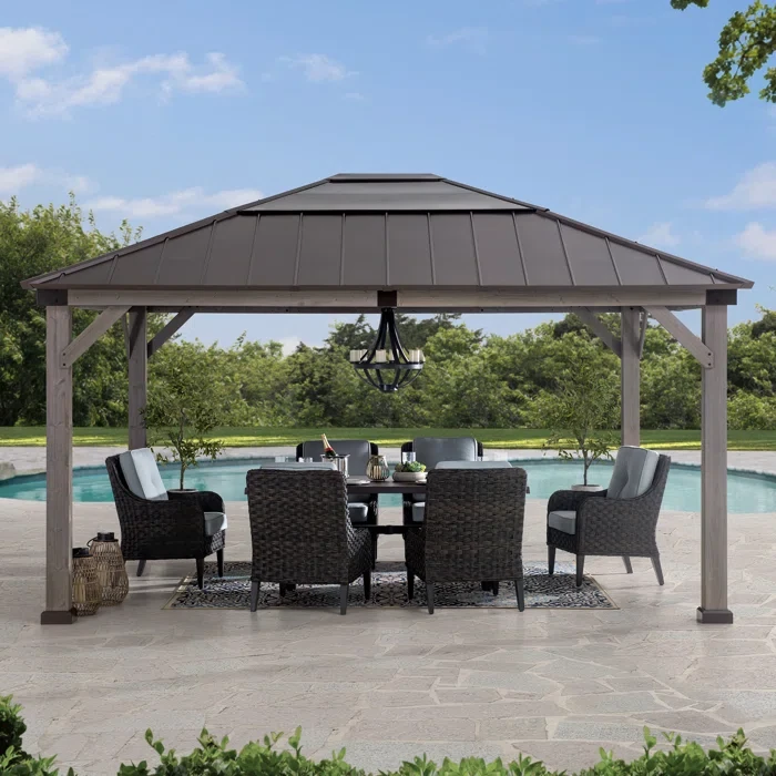 Sunjoy 13 ft. x 15 ft. Cedar Framed Gazebo with Black Steel and Polycarbonate Hip Roof Hardtop