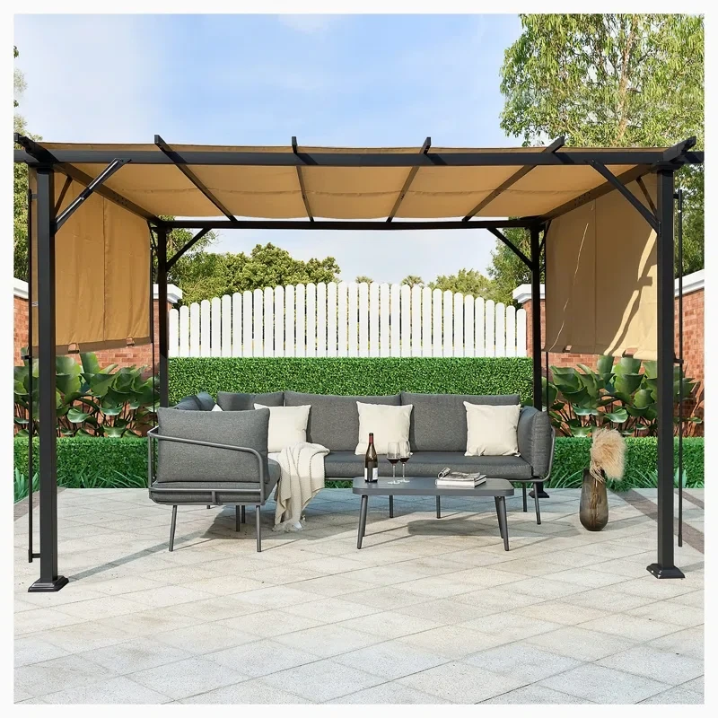 9.5x12ft Outdoor Pergola Patio Gazebo, Retractable Shade Canopy, Steel Frame