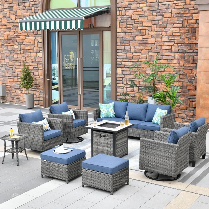 Harbin 7-Person Wicker/Rattan Patio Conversation Set With Cushions With Fire Pit