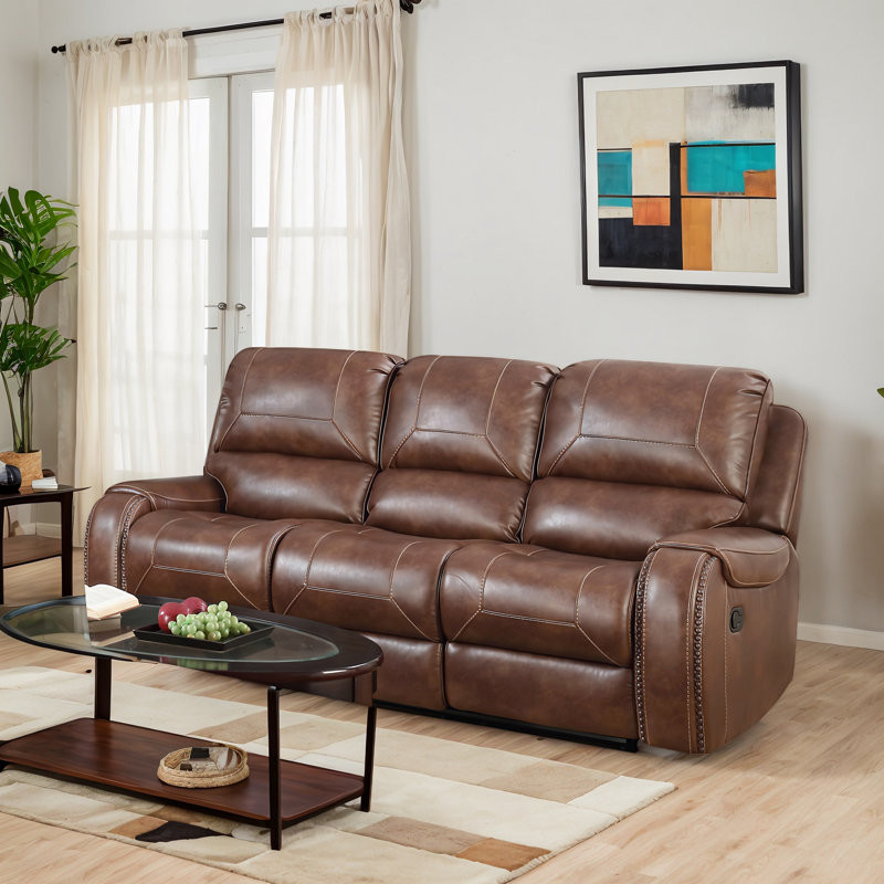 Brown Leather-air Nailhead Manual Reclining Sofa With Storage Console And Usb Port