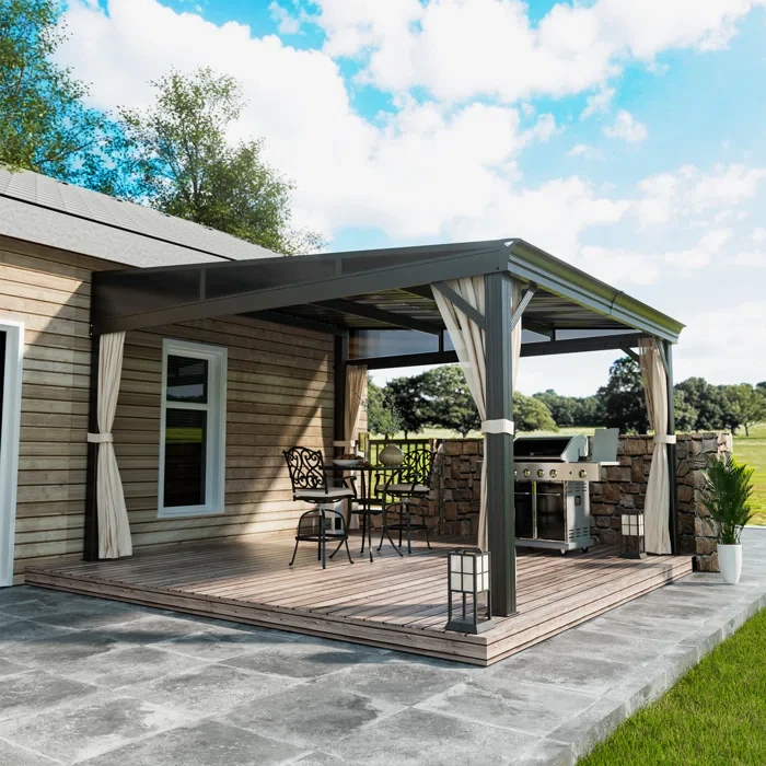 Dorey Patio Wall-Mounted Aluminum Gazebo with Galvanized Steel Roof, Sunroom, Curtains and Netting