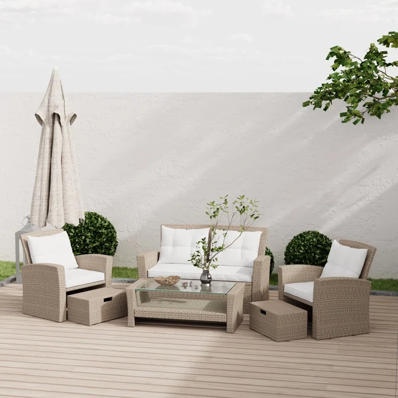 Anjenette 4 Piece Outdoor Seating Group, PE Wicker Sofa, Cushions