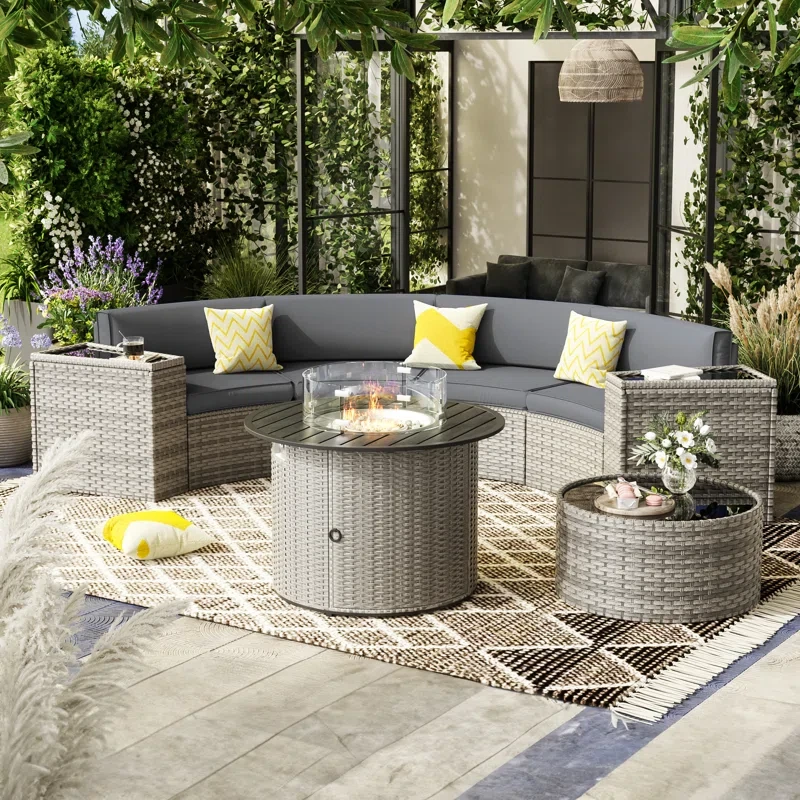 Half-Moon Patio Furniture Sets With Storage Table & Firepit