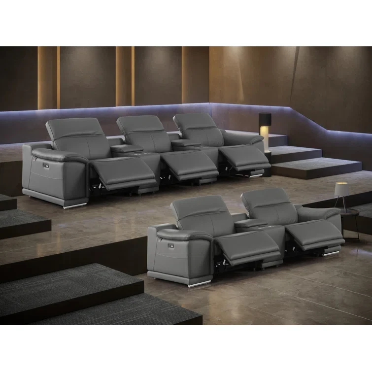 Lily 8 Piece 5 Power Top Grain Italian Leather Home Theater Seating