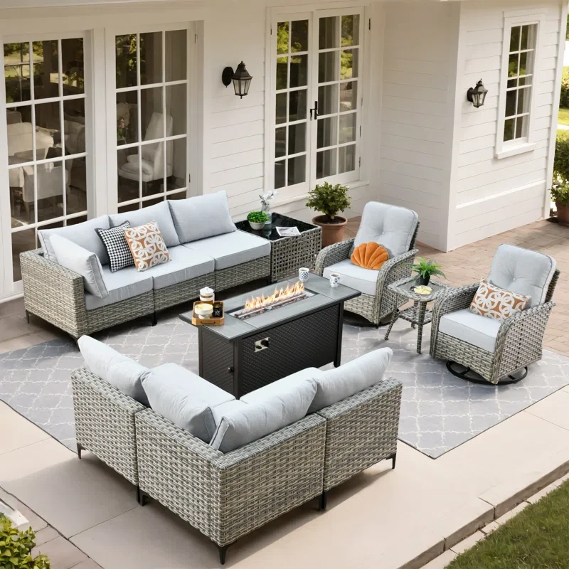 10 Piece Patio Furniture With Fire Pit Table, Outdoor Rattan Wicker Conversation Set With Glowing Coffee Table, Comfy Sectional Sofa Set With Swivel Rocking Chairs For Porch Balcony Backyard Pool