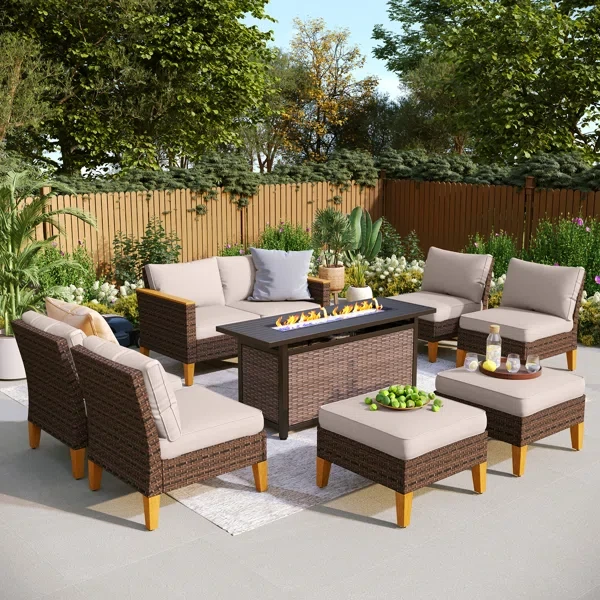 Argyri 8-Piece Wicker Outdoor Patio Conversation Furniture Sectional Set with Fire Pit Table