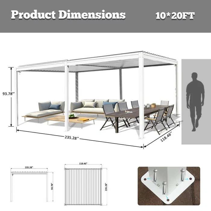 20 Ft. W x 10 Ft. D Aluminum Pergola with Canopy