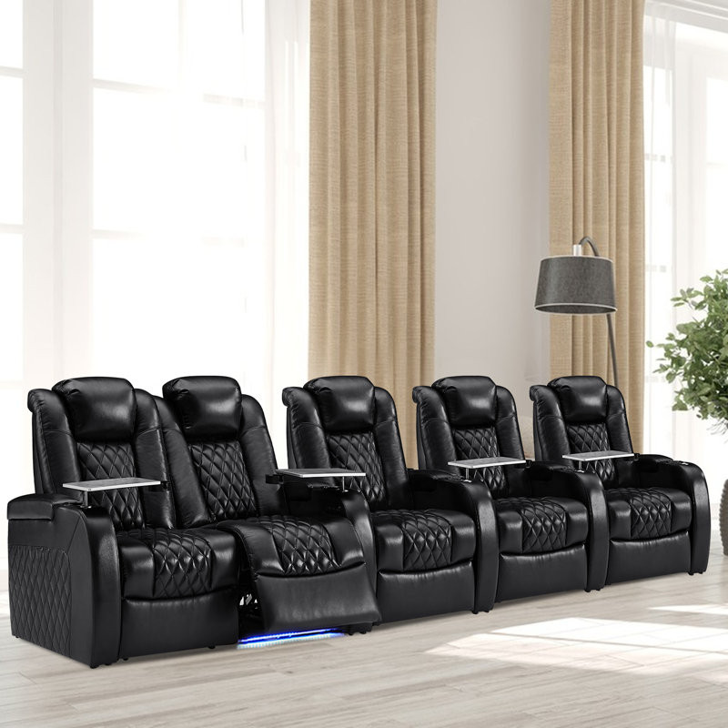 Gray Leather Home Theater Seating with Cup Holder