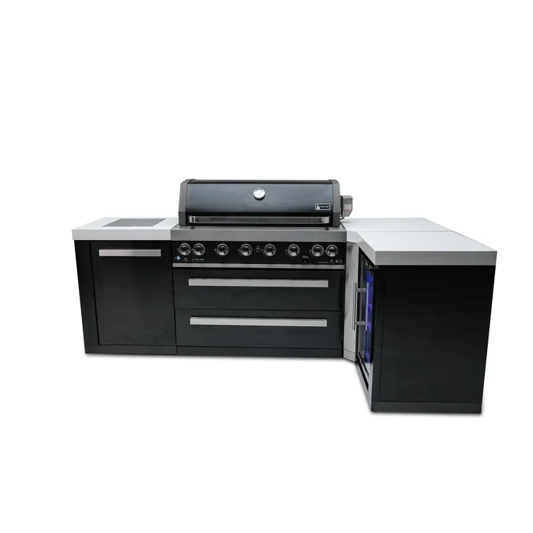 Mont Alpi 6-Burner 90 Degree Black Stainless Steel Island Barbecue Gas Grill + Compact Refrigerator