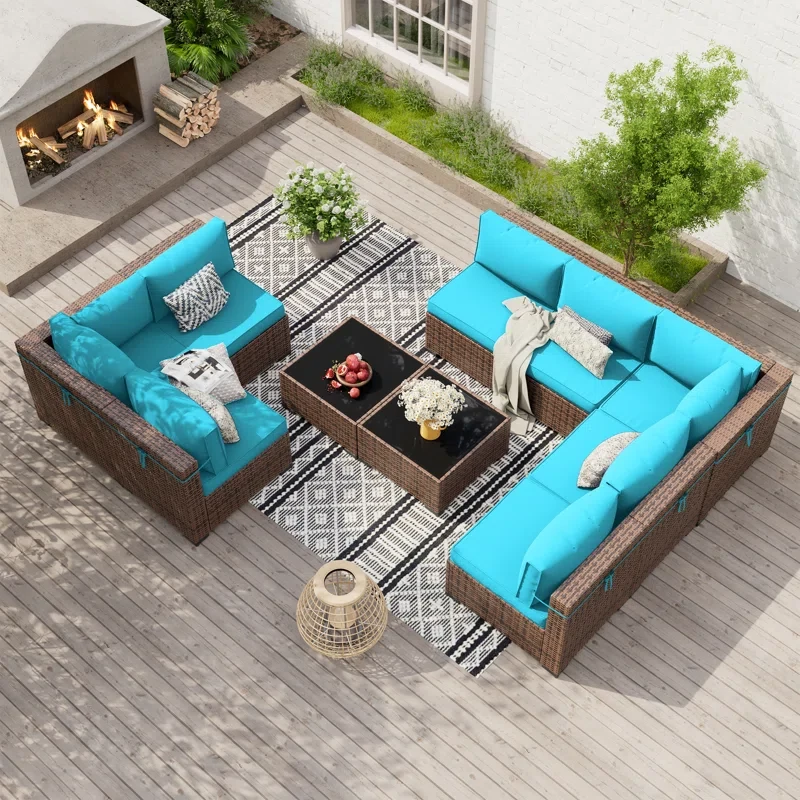 Modular 8-Person Rattan Sectional Conversation Sets With 2 Coffee Table