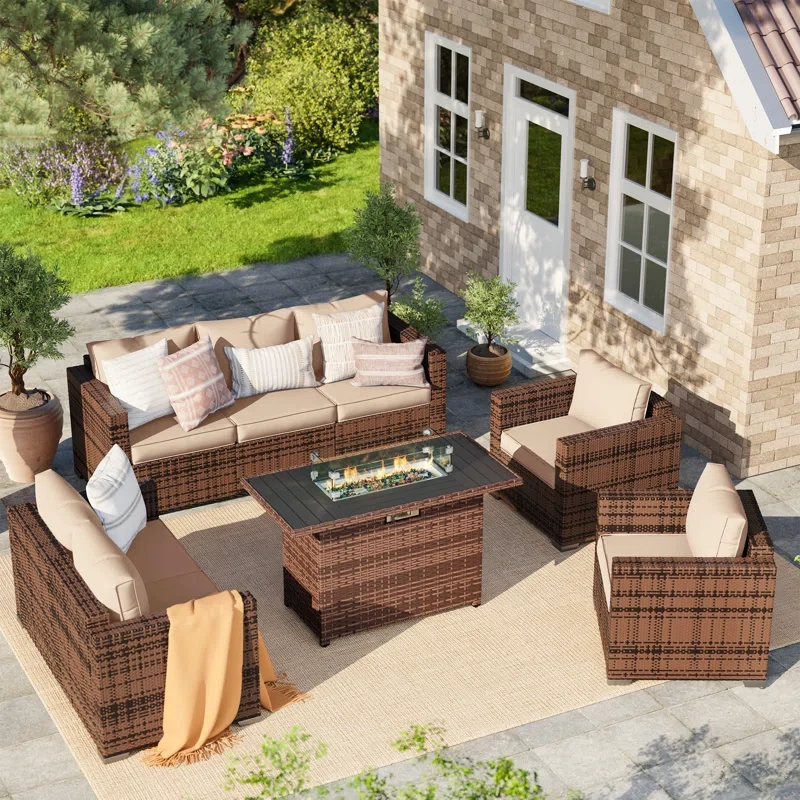 Azoriah Wicker 7 - Person Outdoor Seating Group with Fire Pit Table