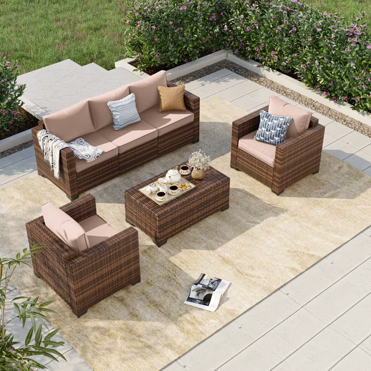 4-Pieces Wide Armrest Outdoor Sectional Rattan Conversation Set with Storage Table.