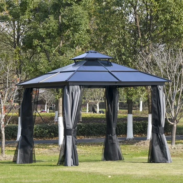 10' X 10' Polycarbonate Hardtop Patio Gazebo Canopy With Double-Tier Roof, Stable Steel Frame, & Net Sidewalls