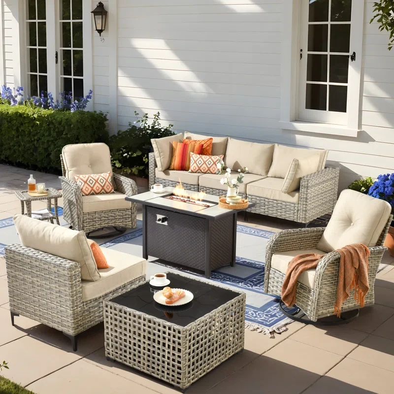 6 Seats High Quality Pe Rattan Outdoor Furniture Sofa With Rocking Chair And Stove, Can Be Freely Combined