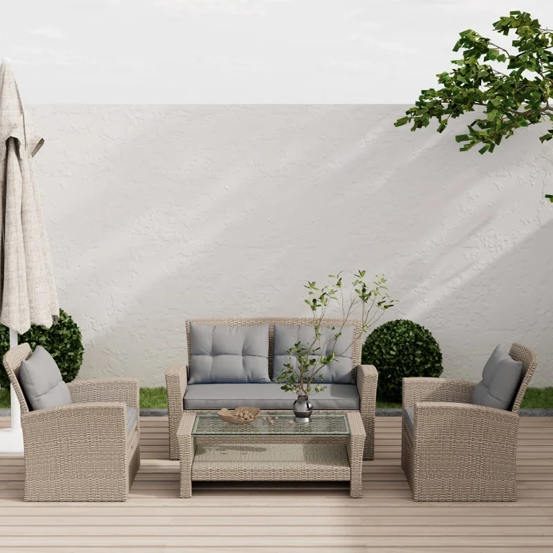 Anjenette 4 Piece Outdoor Seating Group, PE Wicker Sofa, Cushions