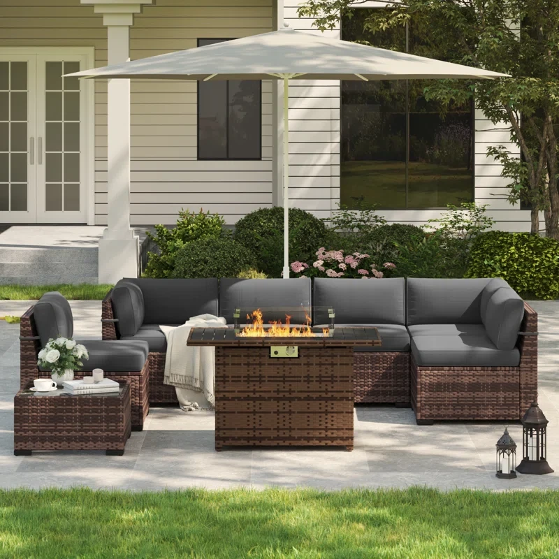 Rikuto 6 - Person Outdoor Slanted-Back Sectional Sofa With Coffee Table & Firepit